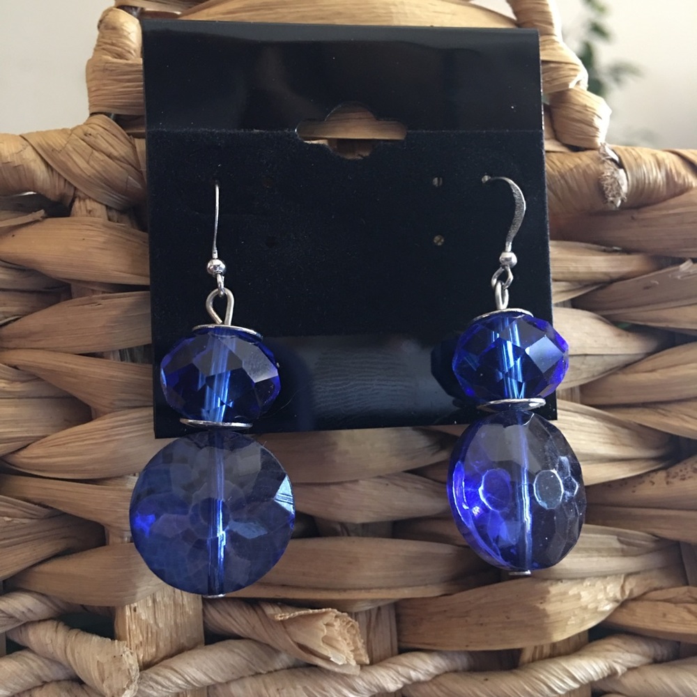 Faceted royal blue glass dangle fish hook earrings
